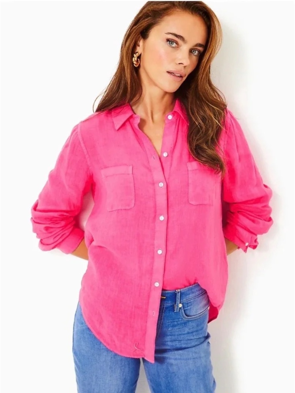 Lilly Pulitzer Pink 100% Linen Button Down Shirt Long Sleeve Top Medium